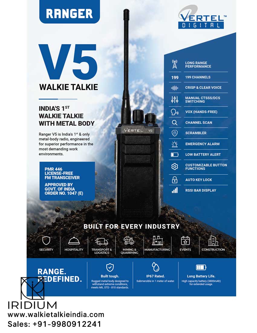 Vertel Ranger V5 License Free Walkie Talkie Dealer Distributor Bengalore Walkie Talkie Suppliers in Bengaluru Mysore Mangalore Channai